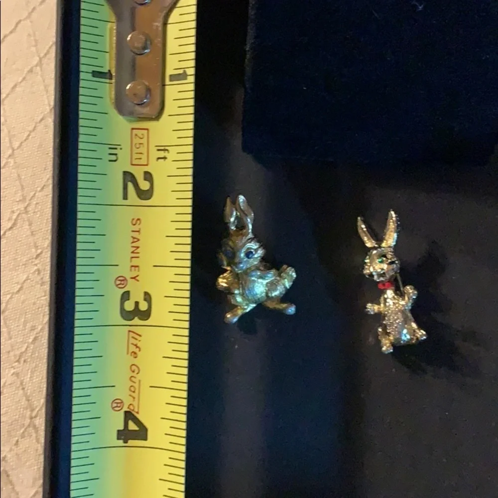 Two Gold Tone Bunny Pins One w/green eyes/blue eye